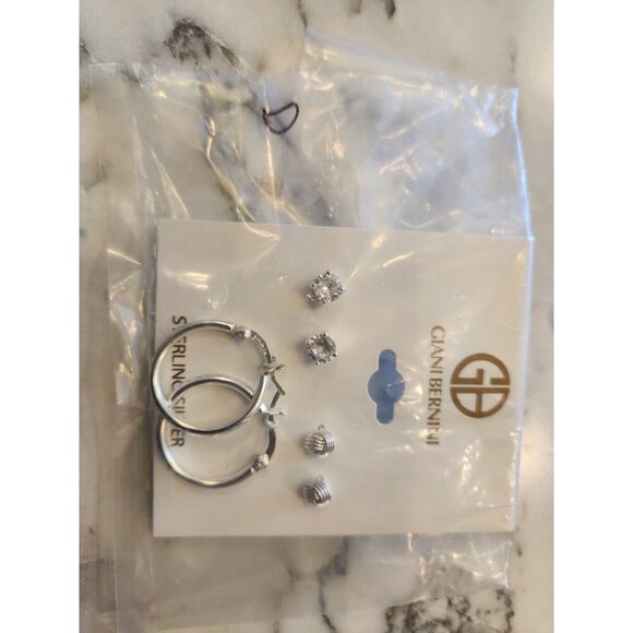 Giani Bernini Sterling Silver Earring Trio Set Hoops & Studs CZ Textured Designs - Picture 3 of 4